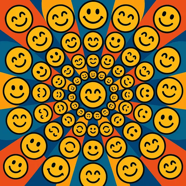 Enjoy an online jigsaw puzzle designed for browser play, featuring a vibrant pop-art pattern of smiley faces and geometric rays.