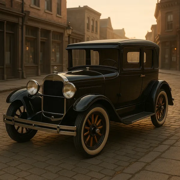 Enjoy assembling a puzzle depicting a gleaming vintage black car parked on a quiet cobblestone street at golden hour.