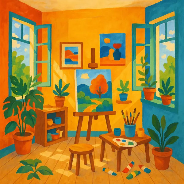 Discover a puzzle with a sunlit artist’s studio full of warm golden yellows and contrasting teal blues, where an easel holds a bright landscape painting and pot