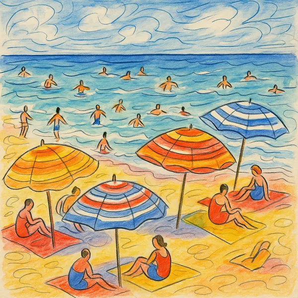 Enjoy assembling a puzzle depicting a sunny beach scene with colorful striped umbrellas, warm golden sand, and swimmers dotting the calm blue sea.