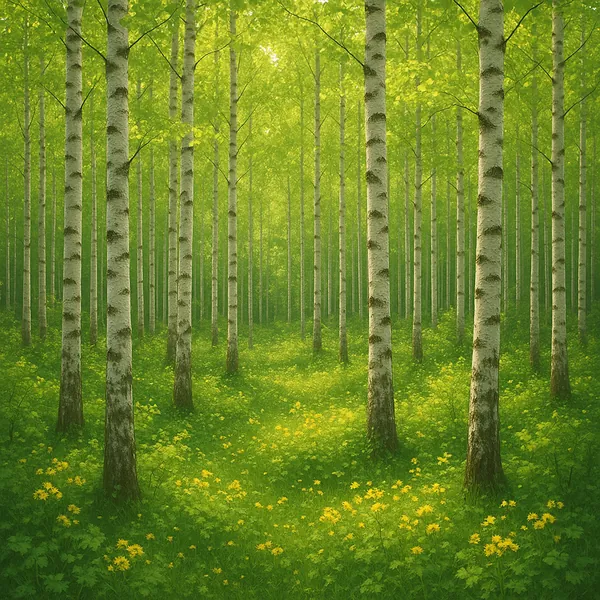 Discover a puzzle with a sunlit birch forest, where rows of slender white trunks rise through a soft, green canopy.