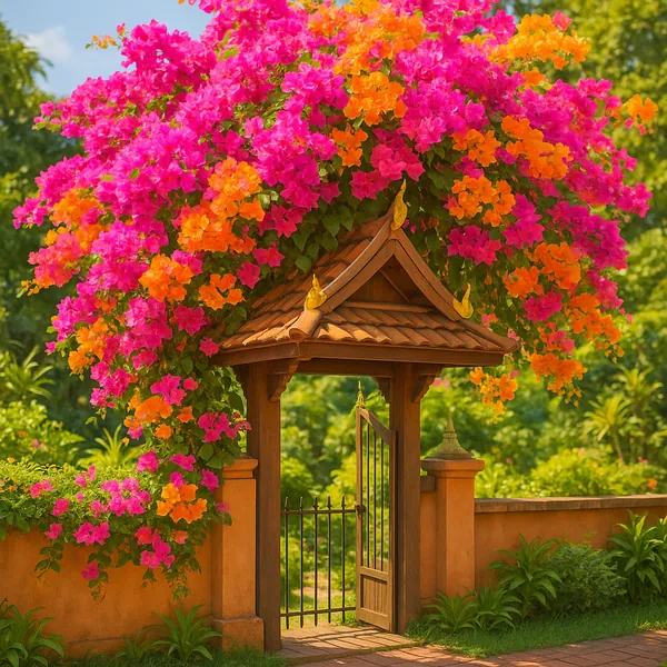 Discover a puzzle with a charming garden gate draped in a riot of pink and orange bougainvillea, set against a warm terracotta wall and sunlit, leafy green back