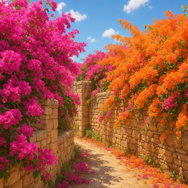 Enjoy assembling a puzzle depicting a sunlit garden path framed by ancient stone walls draped in vivid bougainvillea — brilliant fuchsia on one side and glowing