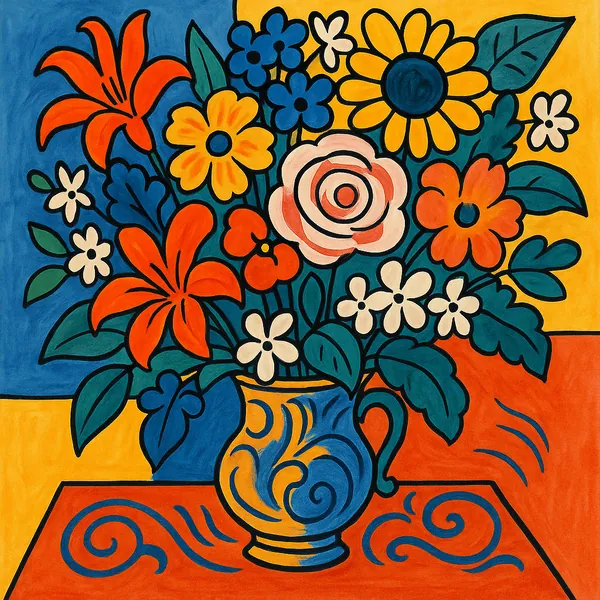 Enjoy assembling a puzzle depicting a bold, stylized bouquet in a decorative pitcher — bright orange lilies, sunny yellow and blue blossoms, soft pink rose spir
