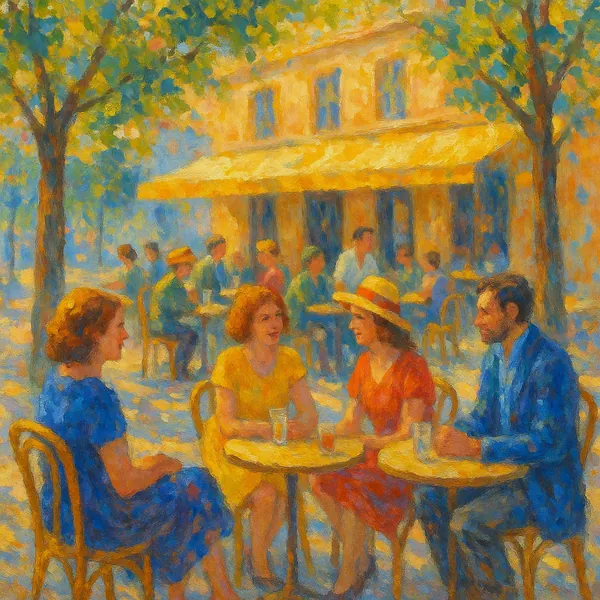 Discover a puzzle with a sun-dappled outdoor café scene in soft impressionist brushstrokes, where friends sit at round bistro tables beneath leafy trees and a w