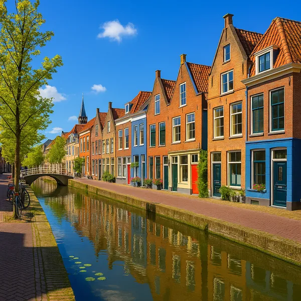 Discover a puzzle with a row of charming, colorful canal houses reflected in a calm waterway under a bright blue sky.