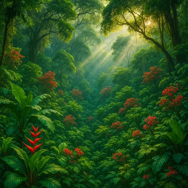 Discover a puzzle with a sunlit tropical rainforest alive with deep emerald greens and pops of vivid red blossoms, framed by broad-leafed plants and towering tr