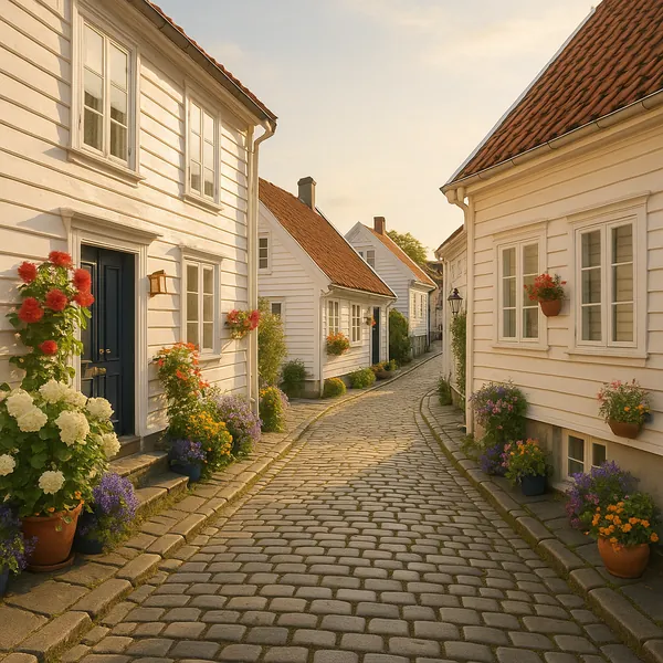Discover a puzzle with a sunlit cobblestone lane lined with quaint white wooden houses, terracotta roofs, and cheerful potted flowers.