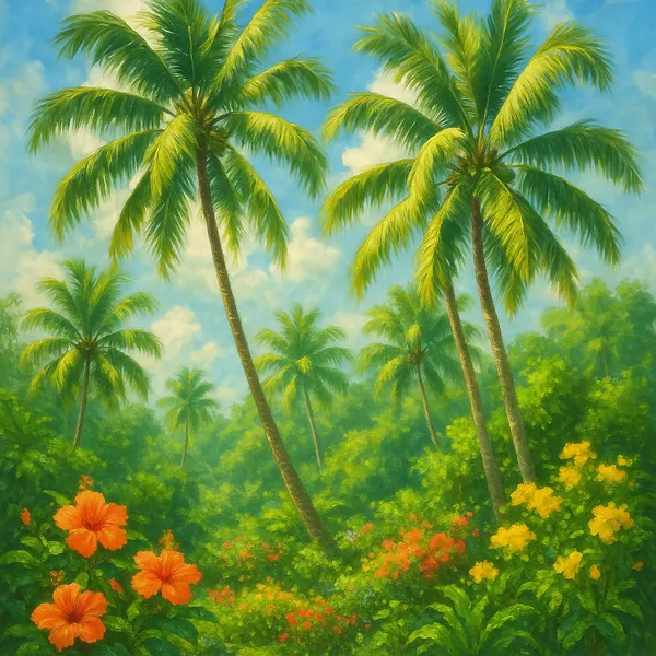 Discover a puzzle with a sunlit tropical garden where tall palm trees sway against a bright blue sky.