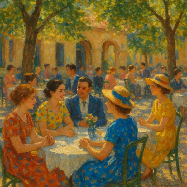 Enjoy assembling a puzzle depicting a sunlit outdoor café scene painted in a soft impressionist style for PuzzleFree.Game.