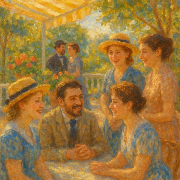 Enjoy assembling a puzzle depicting a sunlit garden gathering: a warm, impressionistic scene of smiling friends in soft blues, creams, and golden yellows beneat