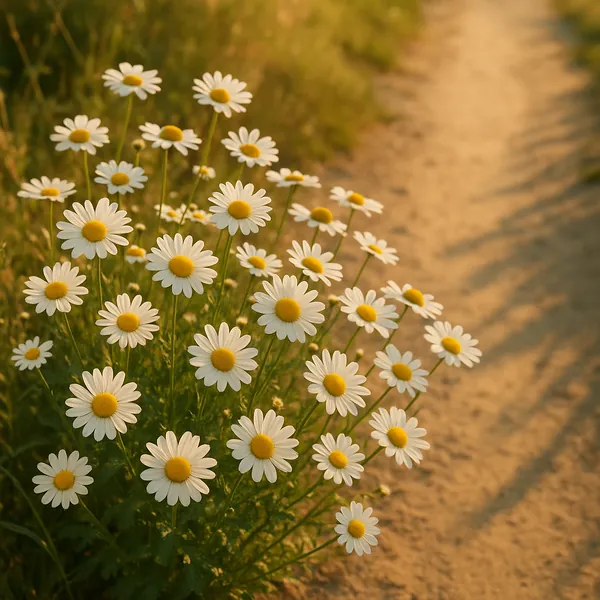 Discover a puzzle with a sunlit cluster of white daisies, their crisp petals and sunny yellow centers set against fresh green stems beside a warm, sandy country