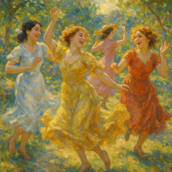 Discover a puzzle with four joyful women dancing barefoot in a sunlit garden, their flowing dresses in warm yellows, soft blues, rosy pinks and rich corals rend