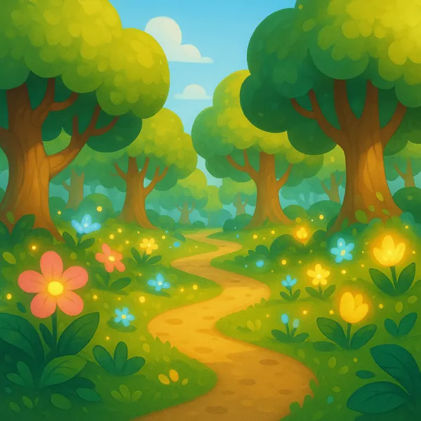 Discover a puzzle with a sun-dappled forest path winding through cheerful trees and bright wildflowers.