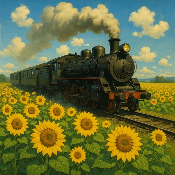 Discover a puzzle with a vintage steam train chugging through a golden field of sunflowers under a bright blue sky.