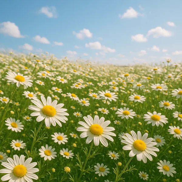 Discover a puzzle with a sunlit field of white daisies stretching beneath a soft blue sky dotted with fluffy clouds.