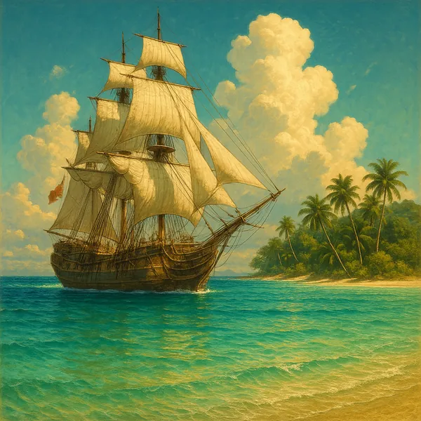 Discover a puzzle with a majestic tall ship sailing close to a sunlit tropical shore.