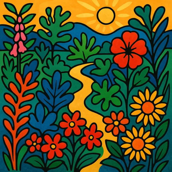 Enjoy assembling a puzzle depicting a bright, stylized garden path winding toward a sunny horizon.