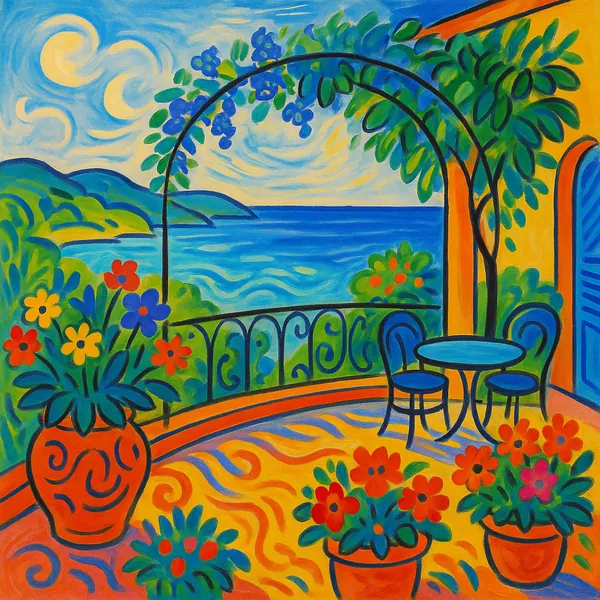 Discover a puzzle with a vibrant Mediterranean terrace painting: bold blues and turquoises of the sea and sky meet warm yellows and oranges of sunlit walls and