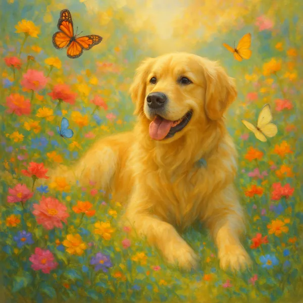 Enjoy assembling a puzzle depicting a joyful golden retriever lounging in a sunlit wildflower meadow, perfect for PuzzleFree.Game.