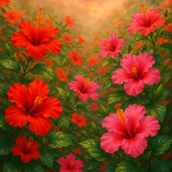 Discover a puzzle with a lush field of hibiscus in full bloom, showcasing vivid red and pink petals set against deep green foliage and a warm, golden background