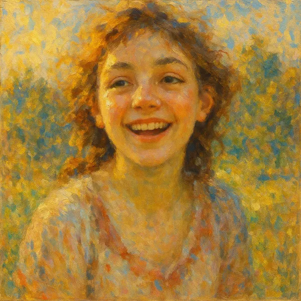 Discover a puzzle with a sunlit impressionist portrait of a laughing young girl, painted in warm golds, soft peaches, and cool blues with lively, textured brush
