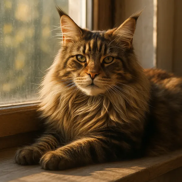 Discover a puzzle with a regal long-haired tabby cat lounging on a sunlit windowsill.