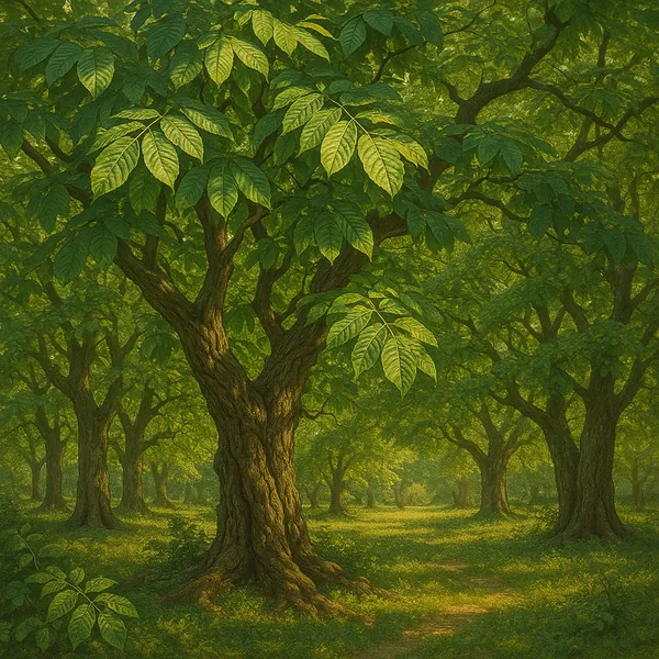 Discover a puzzle with a sunlit green forest scene filled with ancient, textured tree trunks and layers of overlapping leaves that create rich patterns.