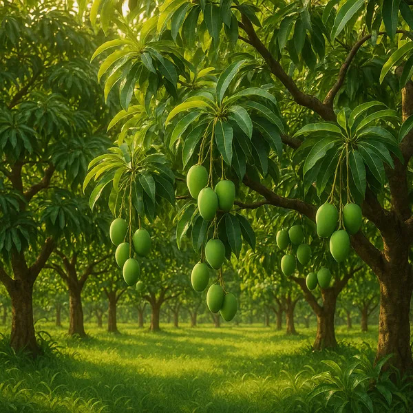 Discover a puzzle with a sunlit mango orchard full of glossy green leaves and clusters of unripe mangoes hanging from graceful branches.