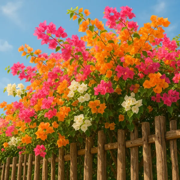Discover a puzzle with a sunlit cascade of bougainvillea in vivid pinks, oranges, and creamy whites spilling over a rustic wooden fence against a clear blue sky