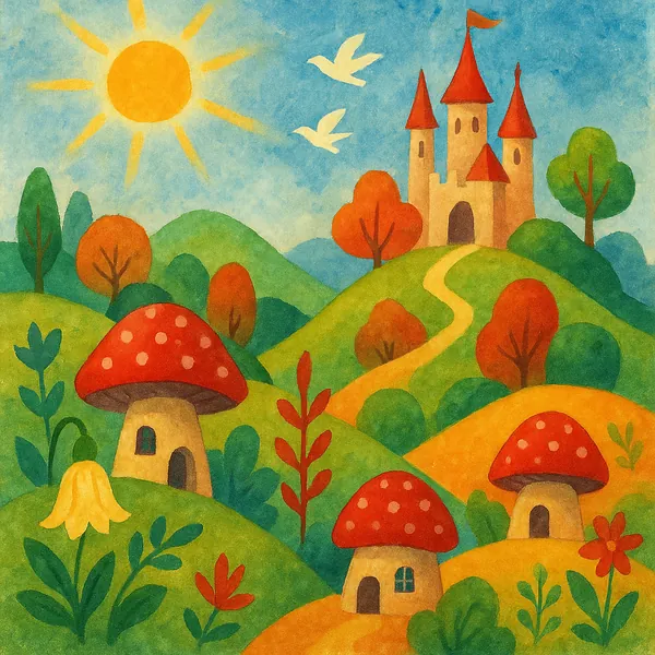 Enjoy assembling a puzzle depicting a whimsical watercolor landscape with rolling green hills, mushroom-shaped cottages topped in bright red with white spots, a
