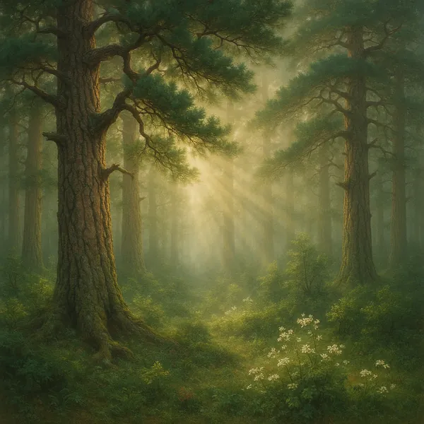 Discover a puzzle with a sunlit pine forest bathed in soft, golden rays filtering through misty green foliage.