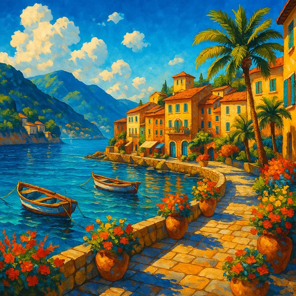 Discover a puzzle with a sunlit Mediterranean coastal village — warm ochre buildings and terracotta roofs line a flower-filled promenade beside an azure sea, pe
