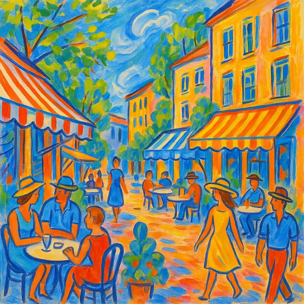 Enjoy assembling a puzzle depicting a lively outdoor street café scene in a vivid, impressionistic painting style.