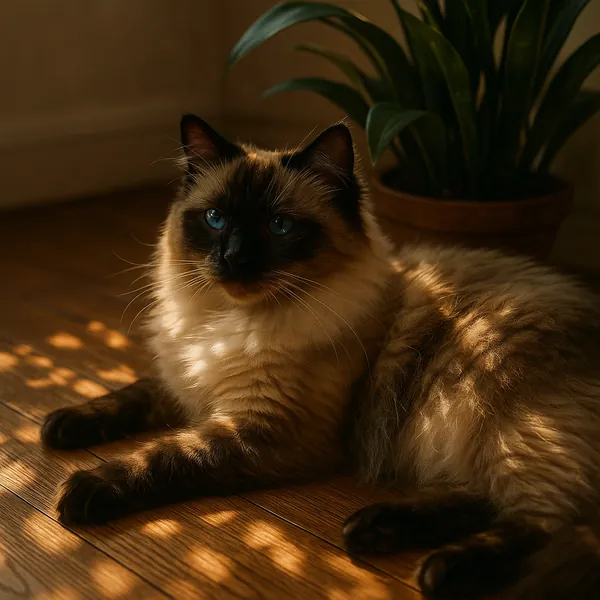 Enjoy assembling a puzzle depicting a fluffy cat with striking blue eyes basking in warm, late-afternoon sunlight.