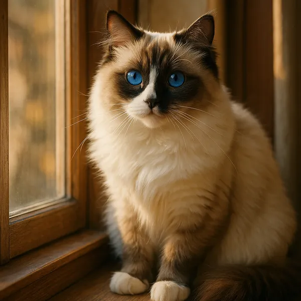 Discover a puzzle with a fluffy Ragdoll cat perched on a sunlit wooden windowsill, its striking sapphire-blue eyes set against creamy fur and soft chocolate mar