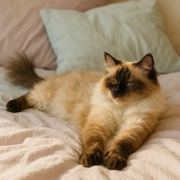 Discover a puzzle with a fluffy, light-colored cat stretched out and dozing peacefully on a soft bed.
