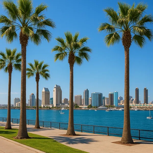 Discover a puzzle with a sunny coastal skyline framed by tall palm trees against a clear blue sky.