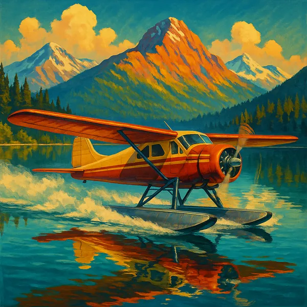 Enjoy assembling a puzzle depicting a vintage orange-and-yellow seaplane skimming a glassy turquoise mountain lake, its sleek floats sending soft ripples and a