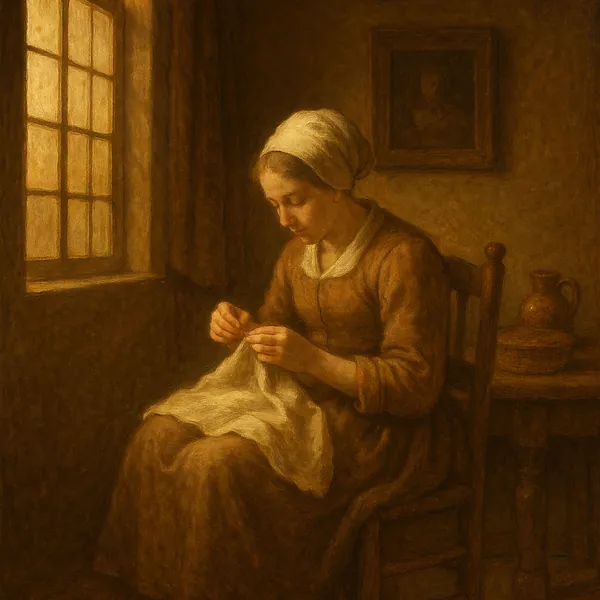 Enjoy assembling a puzzle depicting a quiet, vintage interior where a woman sits by a leaded window, absorbed in hand-sewing.