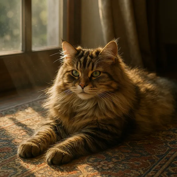 Enjoy assembling a puzzle depicting a fluffy tabby cat lounging in warm afternoon light by a sunlit window.