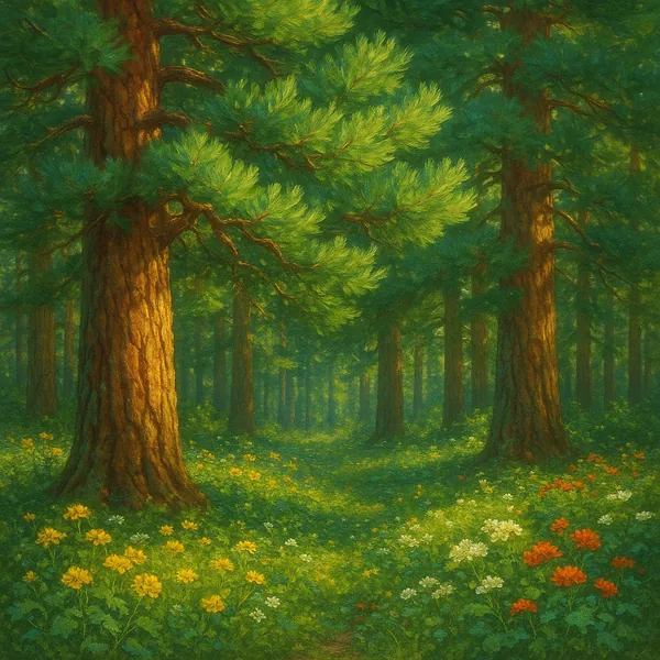 Discover a puzzle with a sun-dappled pine forest carpeted in green moss and bright wildflowers, perfect for solving on PuzzleFree.Game.