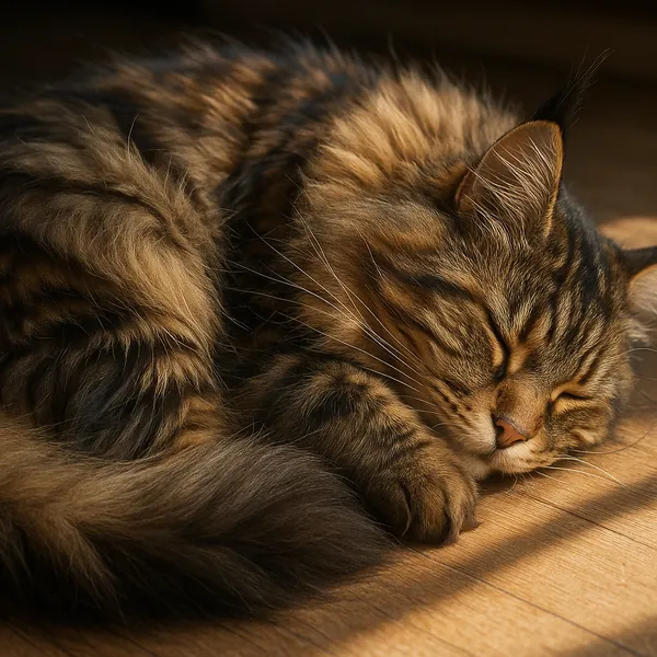 Enjoy assembling a puzzle depicting a fluffy tabby cat curled up and dozing in warm, golden sunlight.