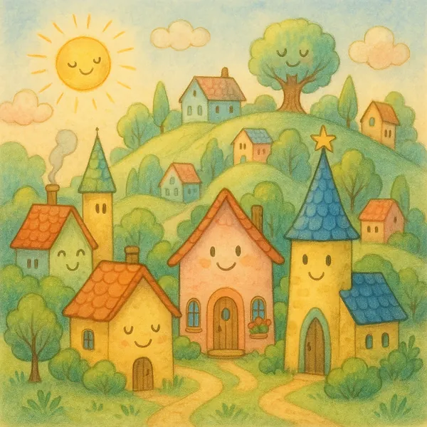 Enjoy assembling a puzzle depicting a charming pastel village with smiling houses, a sleepy sun, and a friendly tree tucked into rolling green hills.
