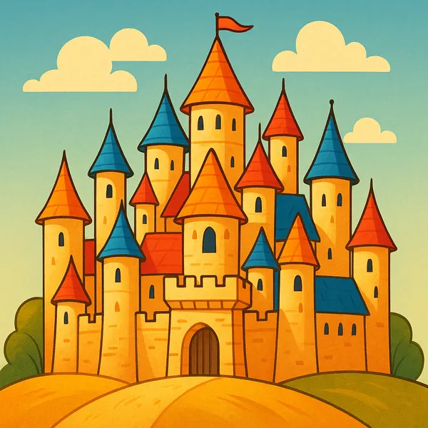 Enjoy assembling a puzzle depicting a cheerful fairytale castle with warm golden walls and a mix of bright red and blue cone roofs against a soft teal sky dotte