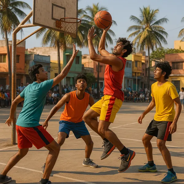 Enjoy an online jigsaw puzzle designed for browser play, featuring a lively outdoor basketball scene that blends sports and community life.