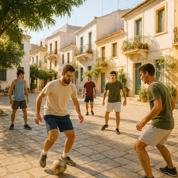 Enjoy an online jigsaw puzzle designed for browser play, featuring a lively street soccer scene framed by sunlit Mediterranean buildings.