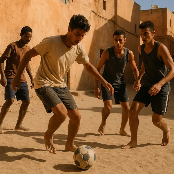 Play an online jigsaw puzzle in your browser that shows a lively street soccer scene, blending sport and everyday life in a warm, sunlit neighborhood.