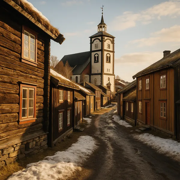 Discover a puzzle with a sunlit historic village street lined by warm wooden houses and a tall, white church tower rising in the distance.