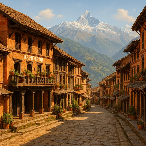Discover a puzzle with a sunlit mountain village street lined by warm, honey-colored brick homes and wooden balconies, the word "Bandipur" painted on a facade.